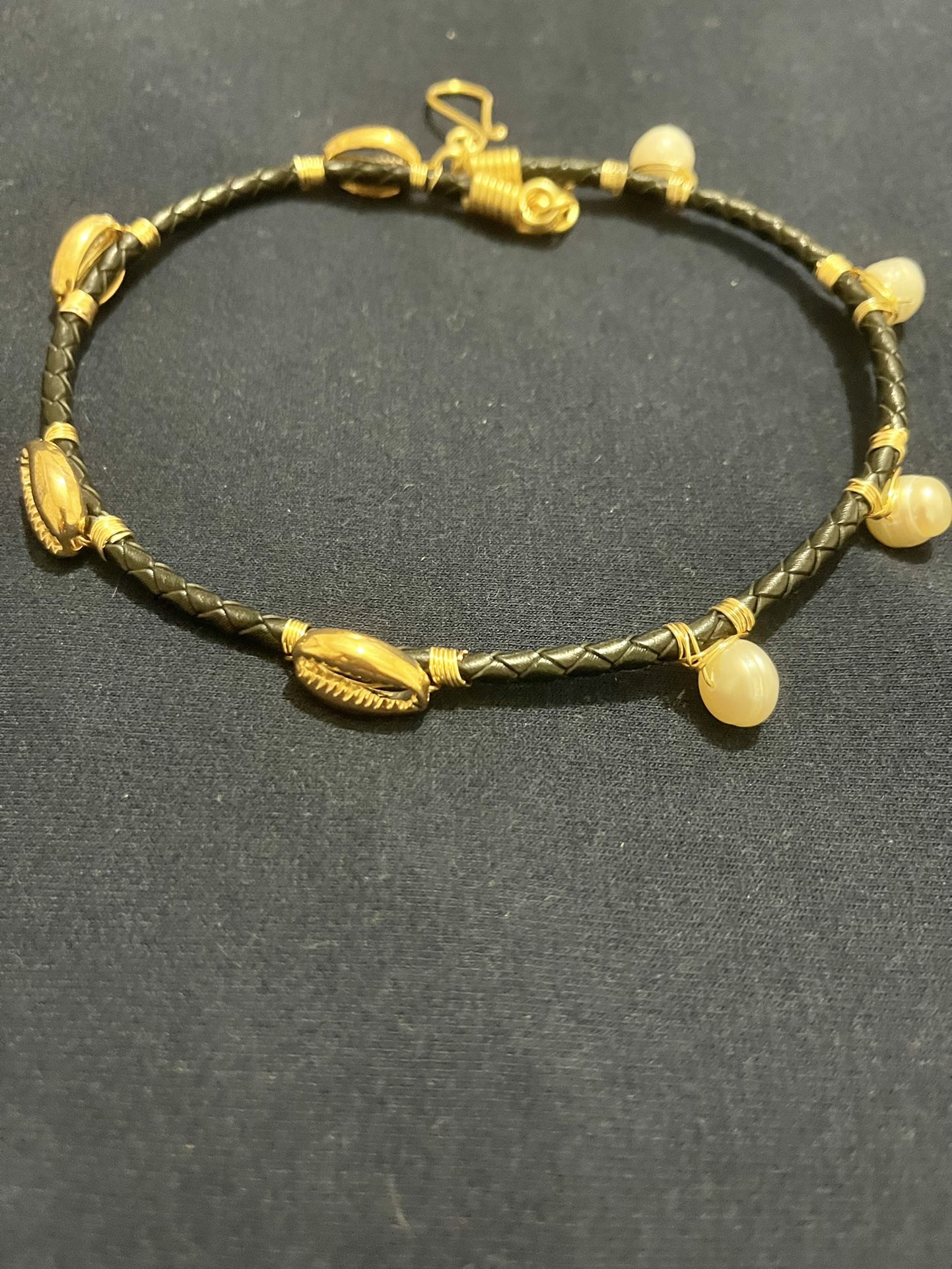 Choker Sea Shell Gold Plated With Pearls And Leather Urban Style 