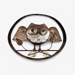 Vintage Rustic Folk Art Metal Owl Wall Sculpture w/ Green Glass Eyes, c.1970's - Delivery Available