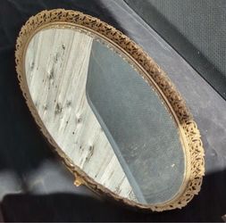 Vintage Oval Gold Filigree Vanity Mirror Tray