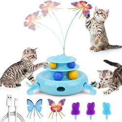 3-in-1 Interactive Cat Toys, Automatic Boredom Relief Kitten Toys, Smart Kitten Toy with 360°Electric Rotating Butterfly, Random Moving Ambush Feather