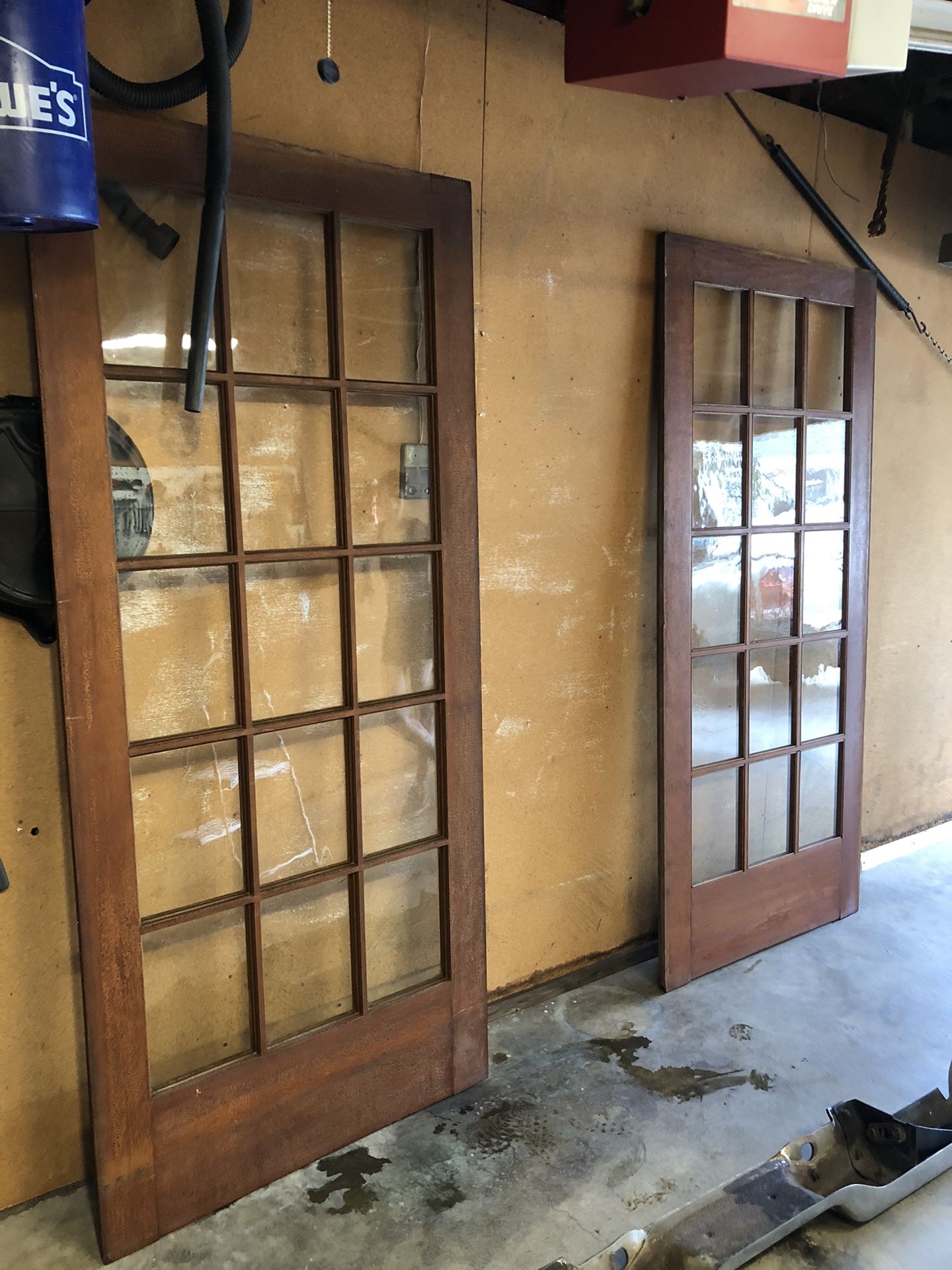 Antique vintage wooden glass pane doors pair