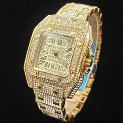 Golden Pharaoh Iced-Out Luxury Watch – Full Diamond Roman Dial, Gold-Tone Steel