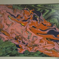 fluid art ripped canvas painting  20x16 pink green
