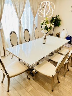 Custom Modern 6 Chair Tempered Glass/Steel Dining Table