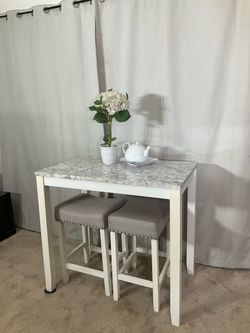 High Faux Marble Dining Table with 2 Stools