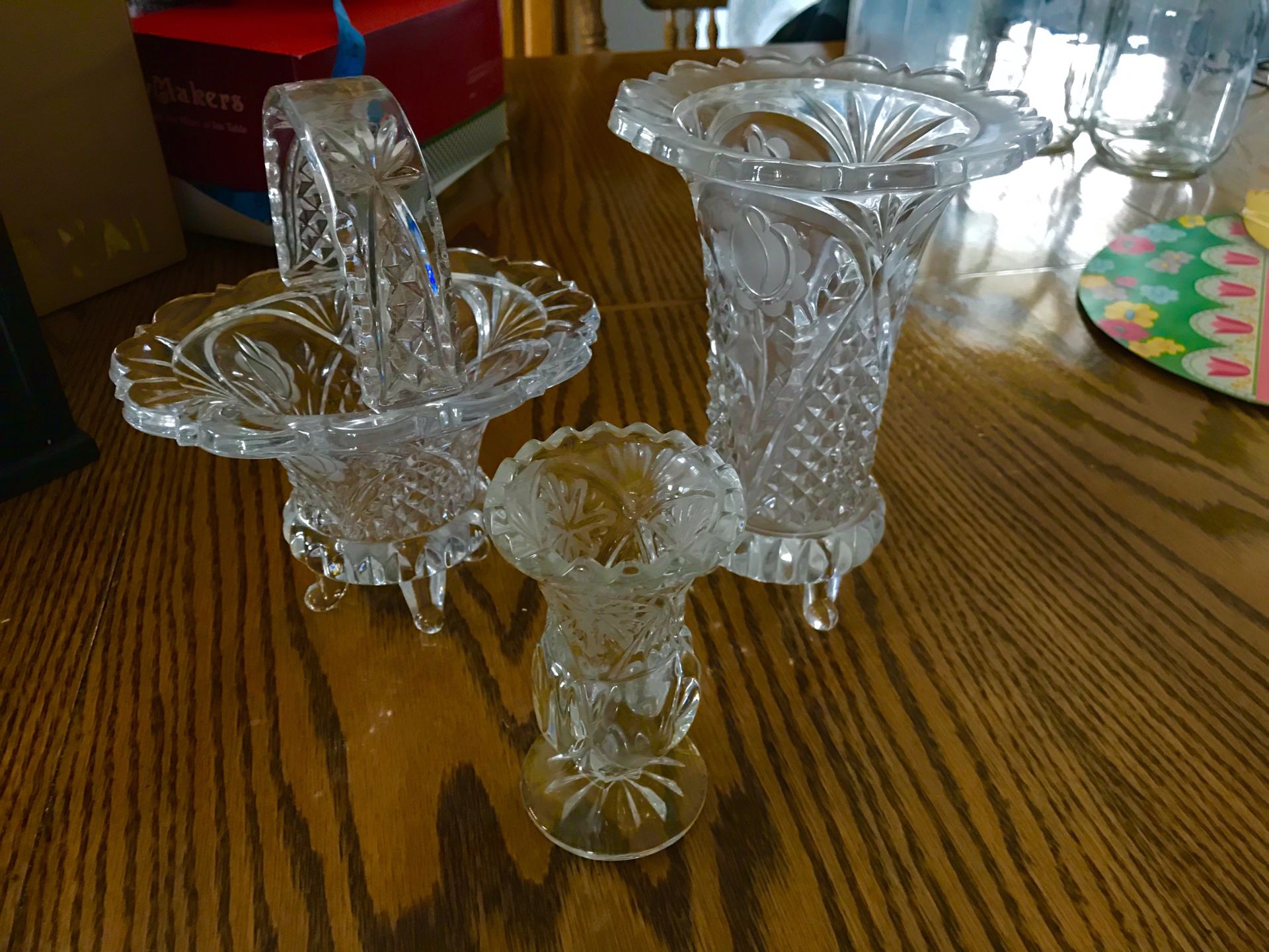 3 Piece Crystal Glass Pieces Basket Vase