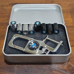 Copper Tire Valve Stem Caps Set With Keychain 4 Chrome 4 Black Metallic for BMW
