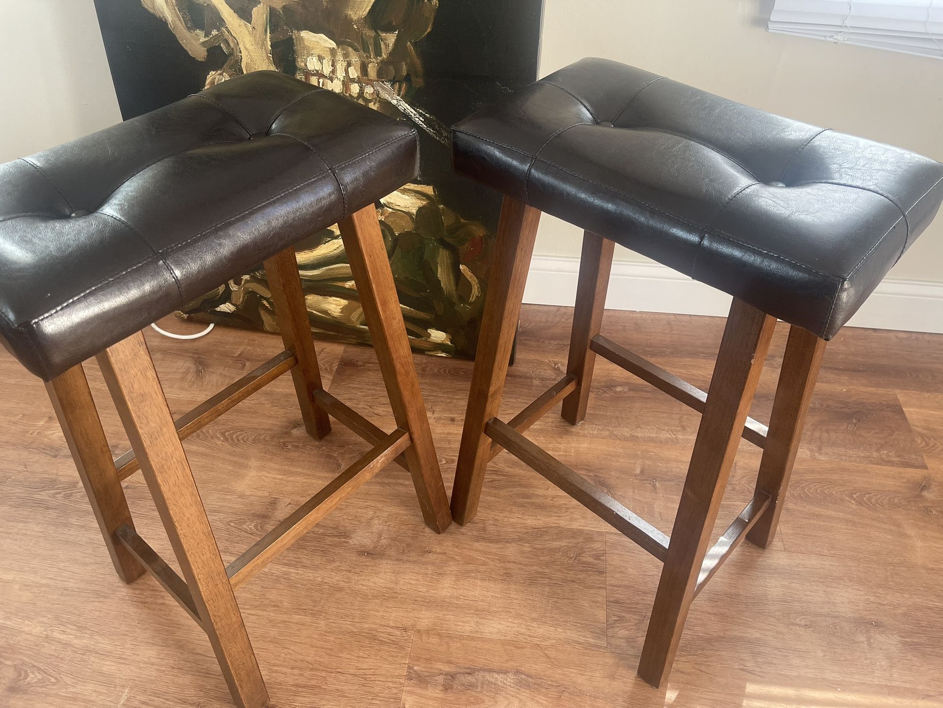 Backless Stool, Saddle Seat Faux Leather Upholstered Counter Stool in Dark Brown (Set of 2)