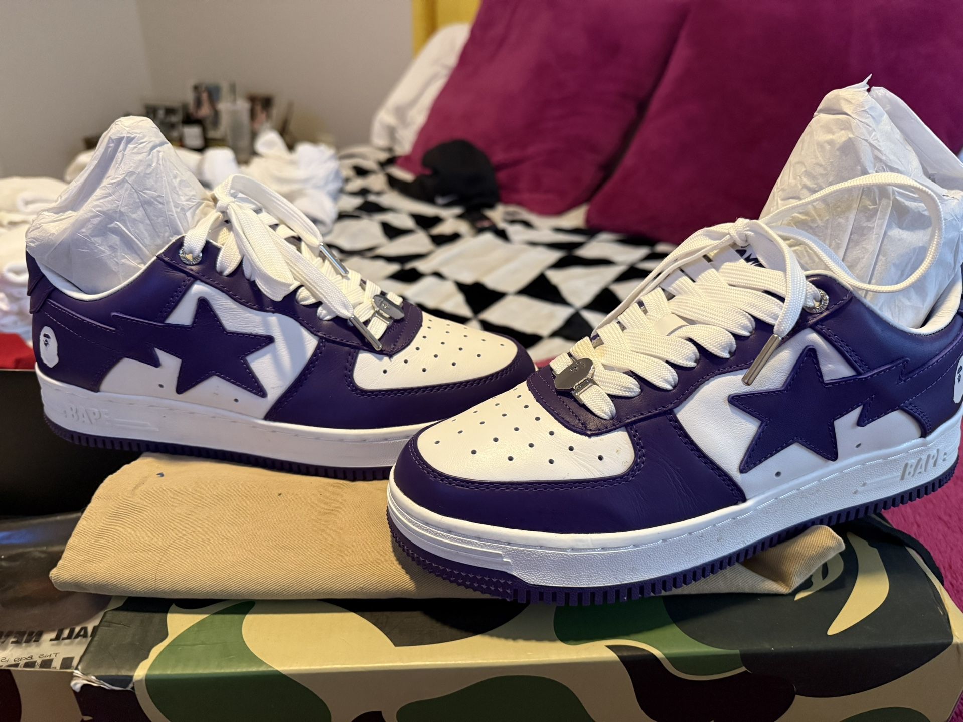 100% Authentic Bape Sneakers Men’s Size 8 Purple And White From Stock