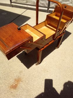 Mid century modern oak sewing box on wheels