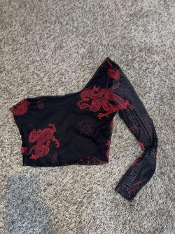Red And Black Dragon Design One Shoulder Long Sleeve Top SMALL