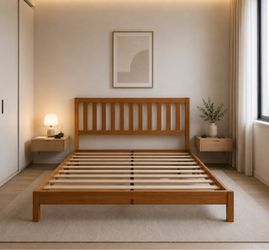 Wooden Queen Bed Frame with Slatted Headboard