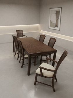 Vintage Wood Dining Table Set with Cane-Back & Upholstered Chairs
