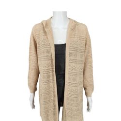 Joan Rivers Crochet Hooded Open Cardigan Medium Sz Beige Modern Top w Side Slits