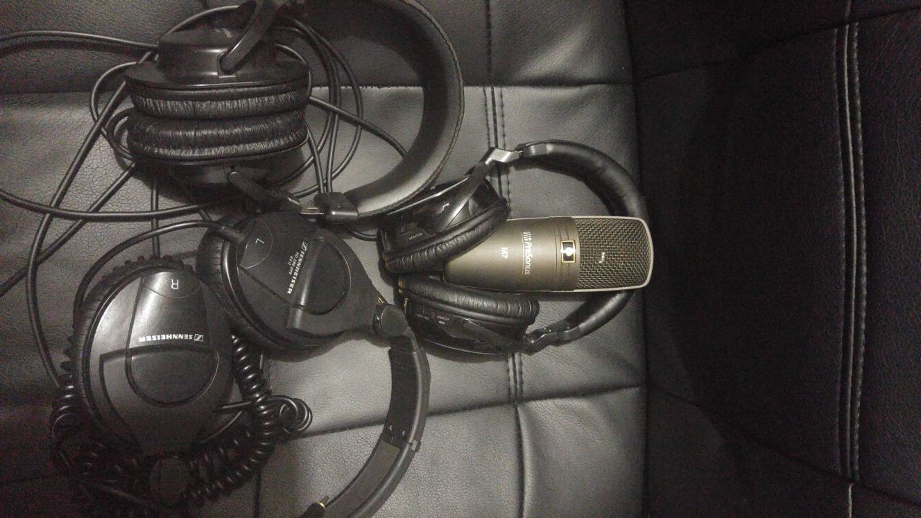 Headphones, mic, mic stand.