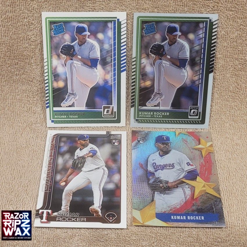 LOT (4) KUMAR ROCKER ROOKIE CARDS 2025 TOPPS SERIES 2 & DONRUSS OPTIC TEXAS RANGERS