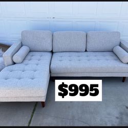Brand New. Mid Century Modern Tufted Sofa Sectional. Oatmeal. Left Arm Facing. Retails Over $2300. 