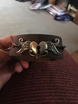 New 1" brown leather bracelet adjustable with heart and wings