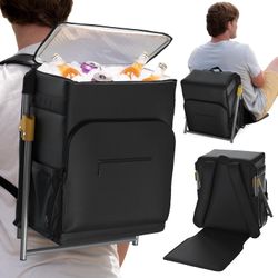 Black Insulated Backpack Cooler with Foldable Seat - 40 Cans, 24 Hour Cooling, Cooler Chair