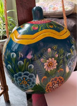 Hand-Painted Mexican Gourd with Rope Hanger
