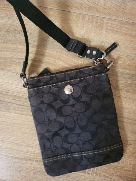 Coach Black Signature Monogram Logo Print Swingpack Crossbody Bag