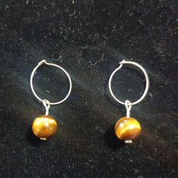 Sterling Silver Hoop Earrings With Tiger's Eye 