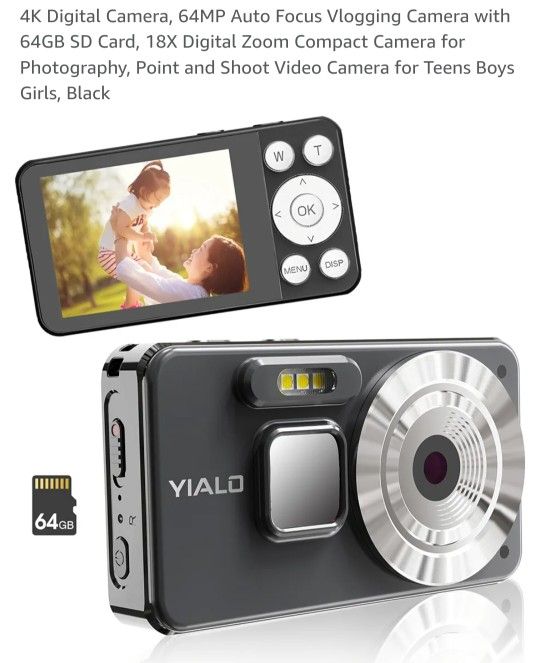 4K Digital Camera, 64MP Auto Focus Vlogging Camera with 64GB SD Card, 18X Digital Zoom Compact Camera for Photography, Point and Shoot Video Camera
