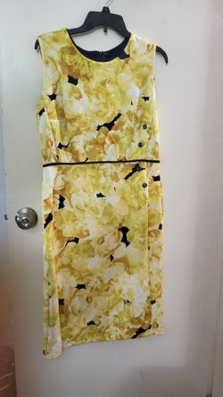 Enfocus Studio Yellow Floral Sheath Dress Black Trim Knee Length Size14