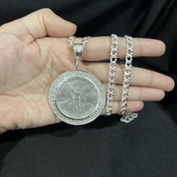 925 Sterling Silver Bezel & 1 Oz Libertad Mexico Moneda Coin CENTENARIO Pendant & Deck Chain