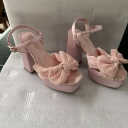 Wedding Pink Bow Knot Platform Satin Heels Size 6