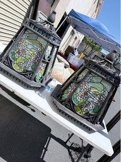 Extra Large Tiffany Style Stained Glass Outdoor Lanterns with Cast Iron Poles – Pair