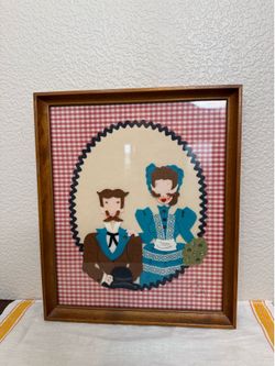 Vintage Felt FRAMED Picture Wall Art DECOR Folk Art Couple