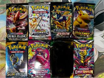 Pokémon TCG Booster Packs - Evolving Skies, Prismatic Evolutions, Fusion Strike, Crown Zenith, Lost Origin, Vivid Voltage, Rebel Clash, and Sun & Moon