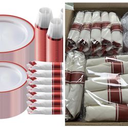 350 Piece Red Plastic Dinnerware Set for Party, Clear Disposable Plates for 50 Guests, Include: 50 Dinner Plastic Plates, 50 Dessert Plates, 50 Pre Ro