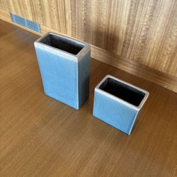 Modern Blue Crackle Glaze Ceramic Vase Set – Rectangular (2)