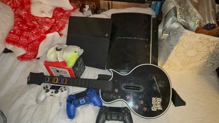 PlayStation Mega Bundle - Working PS4 & PS3 Consoles, 4 Controllers (2 New), Guitar Hero Guitar