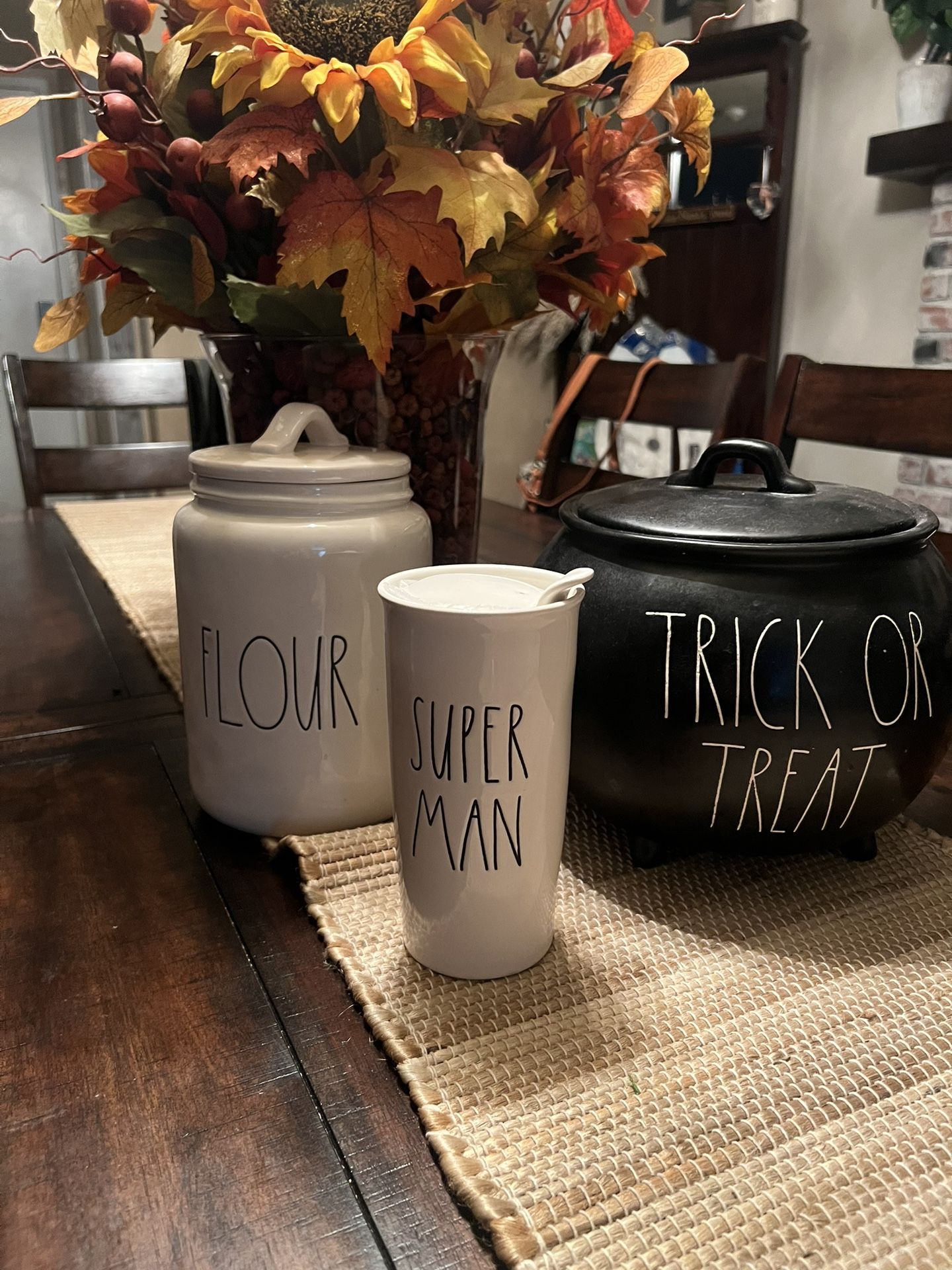 RAE DUNN.. FLOUR, SUPER MAN, TRICK OR TREAT
