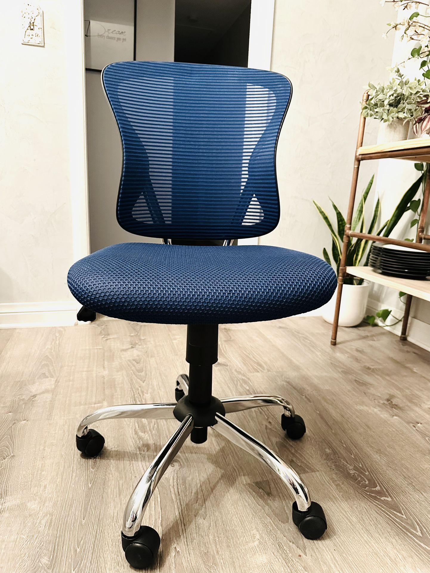 Brenton Studio Mesh mid-back Adjustable Chair in navy blue with a chrome base,H back38/H Seat20/W18 $50