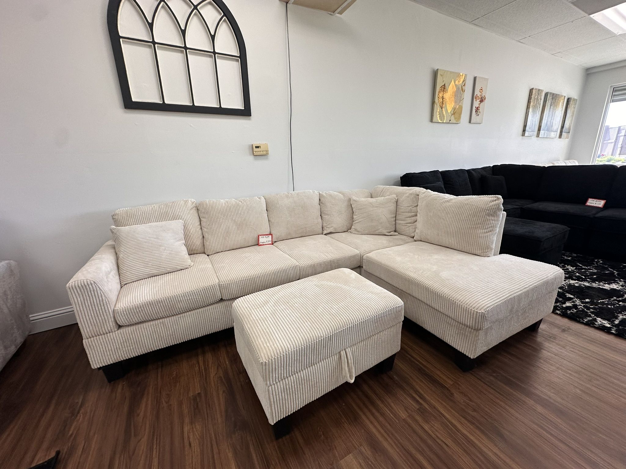 Clearance Item- Beige Sectional Sofa + Ottoman