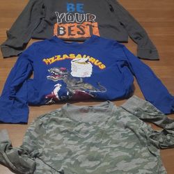 (3) 14 16 boys long sleeve shirts. Camo, pizza, dinosaurs, & be your best