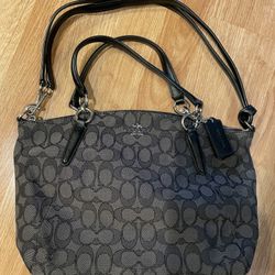 Authentic Black And Gray Coach Purse With Leather And Silver Accents