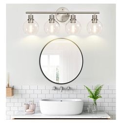 Indoi 4-Light Bathroom Light Fixtures, Brushed Nickel Modern Vanity Lights Over Mirror with Clear Glass Globe Shade, Bathroom Wall Sconces for Mirror 