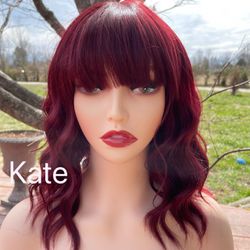 Human hair blend dark red curly wave wig