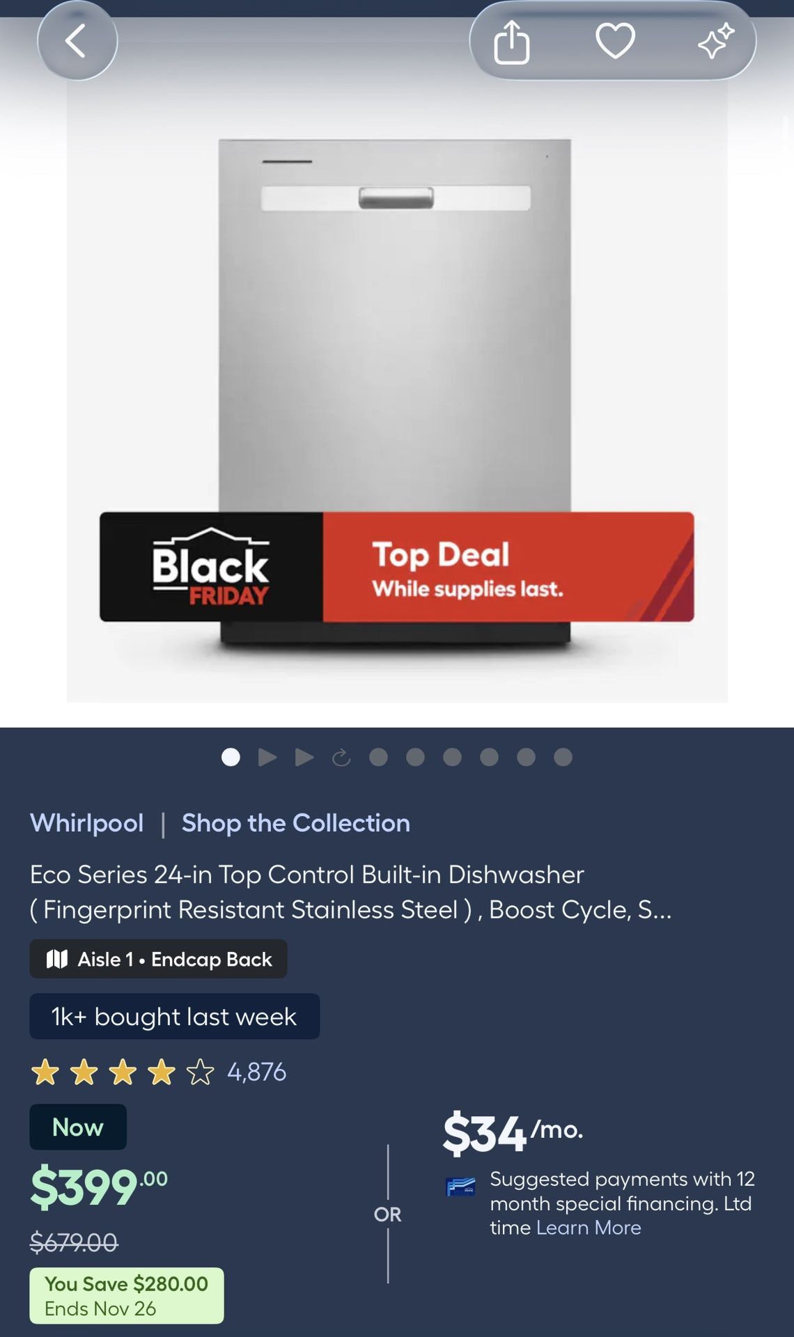 Whirlpool 24 in. Fingerprint Resistant Stainless Steel Top Control Dishwasher