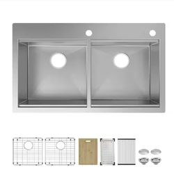 Professional Zero Radius 36 in. Drop-In Double Bowl 16 Gauge Stainless Steel Workstation Kitchen Sink with Accessories