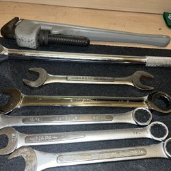 3/4” Ratchet, big Pipe Wrench, Various Gear And End Wrenches 