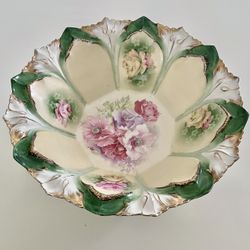 Antique RS Prussia Flowers & Green And Gold Porcelain Bowl 11" 