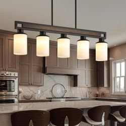 Brand New  Farmhouse Dining Room Light Fixture, 5-Light Wood Kitchen Island Lighting for Dining Room Over Table, Black Adjustable Pendant Light with M