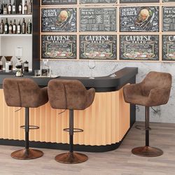 Bar Stools Set of 2 for Kitchen Counter Adjustable Swivel Height Barstools 29 Inch Faux Leather Bar Chairs with Padded Back and Chromed Metal Base, Re
