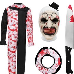 Kids Terrifier Clown Costume Mask Black White Scary Outfits Jumpsuit